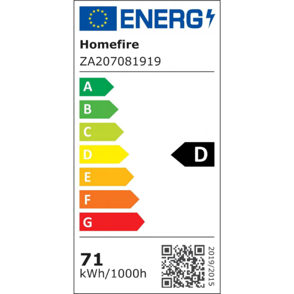 Orkumerking fyrir LED ljós í loftviftu – orkuflokkur D, 71 kWh/1000 klst.