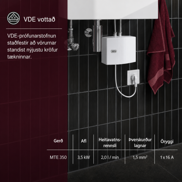 AEG MTE 350 rafmagnsvatnshitari undir vask uppsetning og VDE vottað
