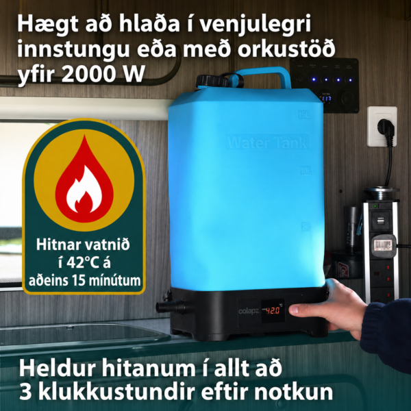 Colapz ferðasturta inni í húsbíl með áherslu á notkun með 2000W orkustöð