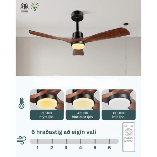 Loftvifta með ljósi, 3 litahitum og 6 hraðastillingum