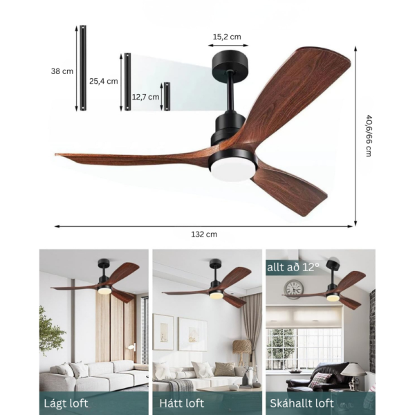 Loftvifta með ljósi, 132 cm og 3 viðarspöðum fyrir lágt eða hallandi loft