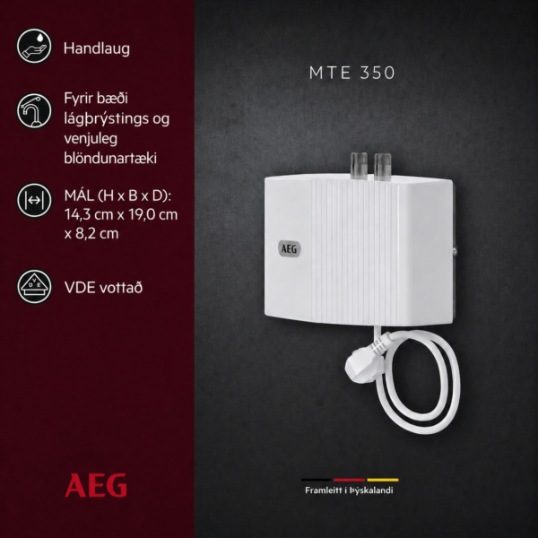 AEG rafmagnsvatnshitari mál og upplýsingar, 1,5 kg boiler með 70 cm kapli og G 3/8 tengingum