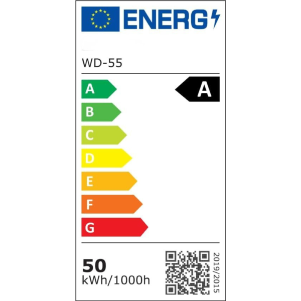 Orkumerking fyrir loftviftu með ljósi, orkuflokkur A og 50 kWh á 1000 klst.