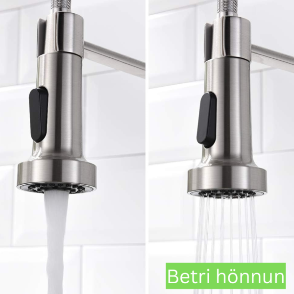 Eldhúsblöndunartæki með stillanlegum sturtuhaus og vatnsstraumi