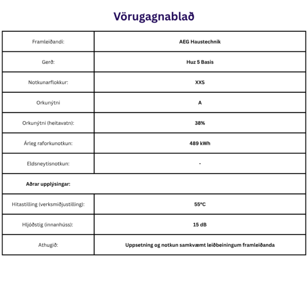 Tækniblað fyrir rafmagnsvatnshitara AEG með upplýsingum um orkunotkun og afköst