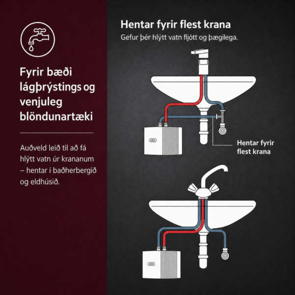 rafmagnsvatnshitari MTE 350 blöndunartæki þrýstifest og þrýstilaust tenging